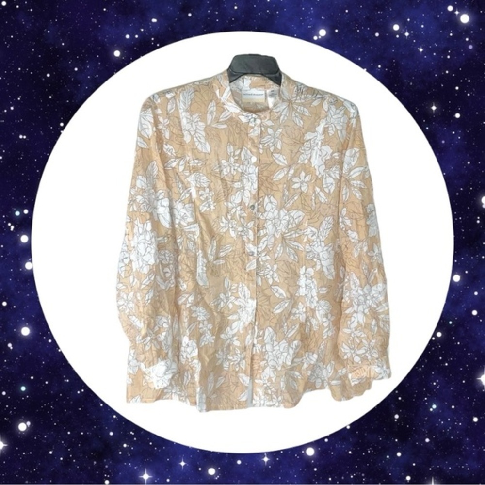 Alfred Dunner Gold w White, Brown, Gray Floral Button Adj Sleeve Shirt Women 18W